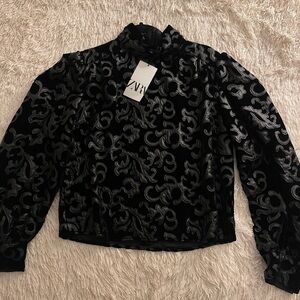 Zara Black and Gray Velvet Patterned Top